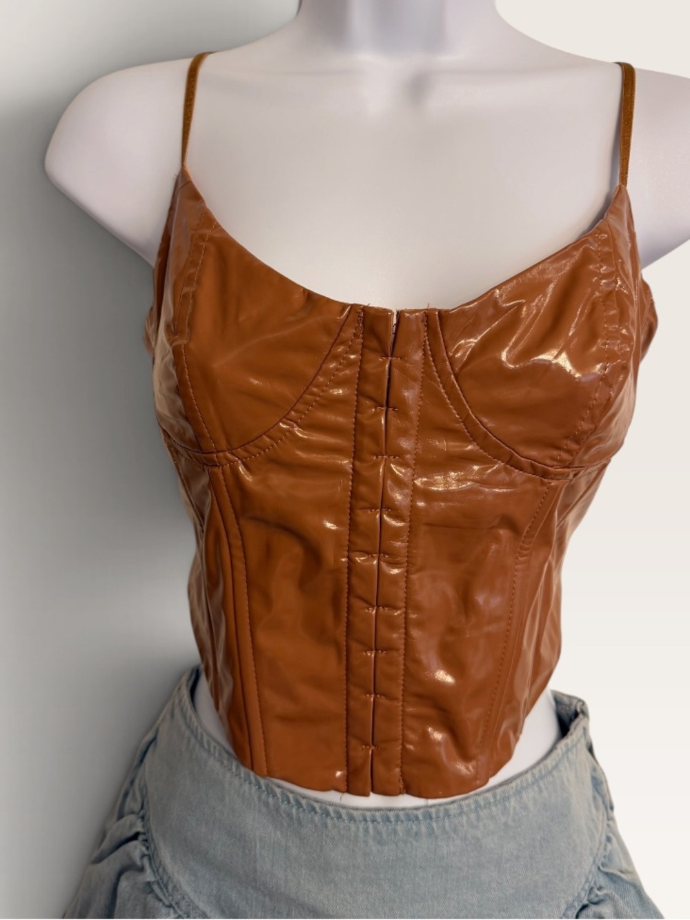 Glossy Cognac Faux Leather Bustier Crop Top – Y2K Going Out Cami Size Large